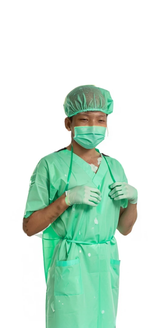 blood-stained surgical gown with visible splatters and smears of blood.
Surgical gloves, also covered in blood, with some tears and wear.
A surgical mask that has dark, ominous stains and possibly a sinister smile peeking from behind it.
Blood scratches on...