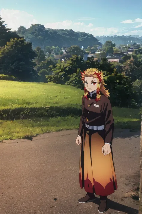 rengoku kyoujurou, demon slayer, 1boy, solo, sky, nature, tree, male focus,  long hair, smile, blonde hair, red hair,  red eyes, long sleeves, demon slayer uniform, outdoors, day, best quality, masterpiece, full body, standing, hands down