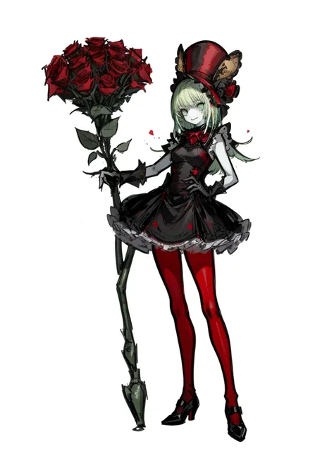 1girl, pale skin, lime hair, doe, magician, red roses, pretty clothes, (high resolution, high detail, best quality), 
black background, happy, smile