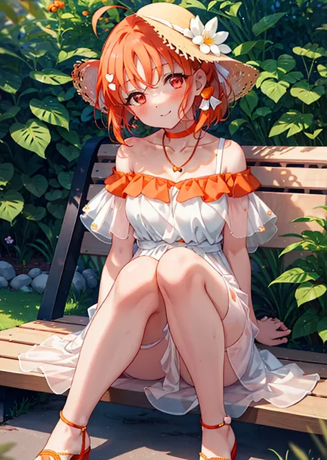 chika　takami,Orange Hair,Ahoge,Red eyes,smile,blush,Big straw hat,Orange off-shoulder dress,Bare shoulders,bare clavicle,Bare neck,Short sleeve,Heart-shaped necklace,Long skirt,Cute heeled sandals,Sitting on a bench,,Daytime,Clear skies,whole bodyがイラストに入るよ...