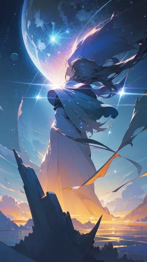 A condensed beauty of a painting of a river and the stars and moon in the sky, Concept art inspired by Mitsuoki Tosa, pixiv Contest Winner, highest quality, Fantasy art, Beautiful anime scene, Bright moon circle, Starry Sky environment in the moonlight, Dr...