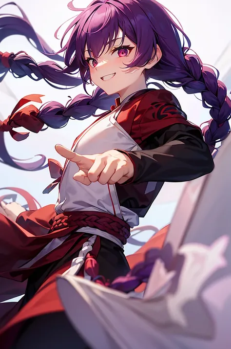 Purple Hair、Red eyes、White background、Anime characters、Knot、Braid、A man wearing black kung fu clothing、Smiling young man、Man standing facing forward、juvenile、White background