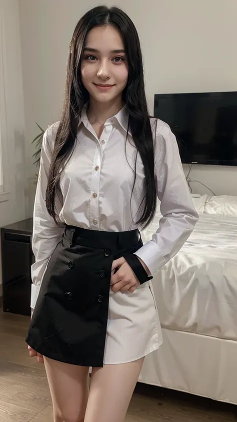 anime, purple eyes, elegant nose, white skin, long black hair, wearing a collared and buttoned shirt, showing From feet to head, pretty, cute and funny, around teenage age (14-16), standing, smiling, just do the best you can