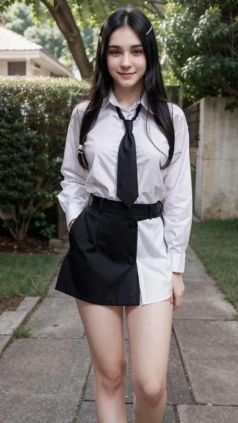 anime, purple eyes, elegant nose, white skin, long black hair, wearing a collared and buttoned shirt, showing From feet to head, pretty, cute and funny, around teenage age (14-16), standing, smiling, just do the best you can