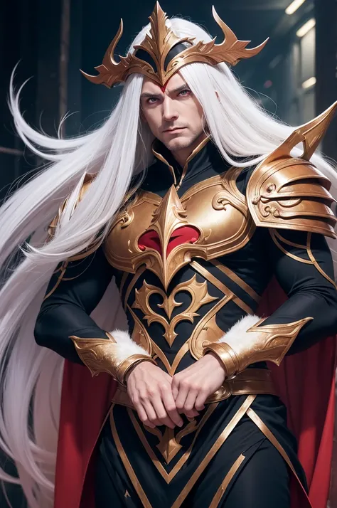 naughty man, Youngh, chunky, long  white hair, Eyes red, Caucasian skin, dressing in Sapuris de Garuda, judge of hell, based on the Saint Seiya universe, Knights of the Zodiac, 2d, アニメ