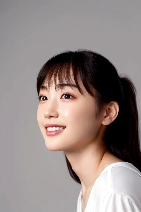 (Realistic:1.2),Japanese Girls, (Highest quality:1.4), (Very detailed), (Very detailed美しい顔), smile, (Realistic Skin:1.4), Great face and eyes, iris,Medium Hair, Black Hair, Symmetrical eyes, Short sleeve T-shirt, (Angle from below:1.3), The background is a...