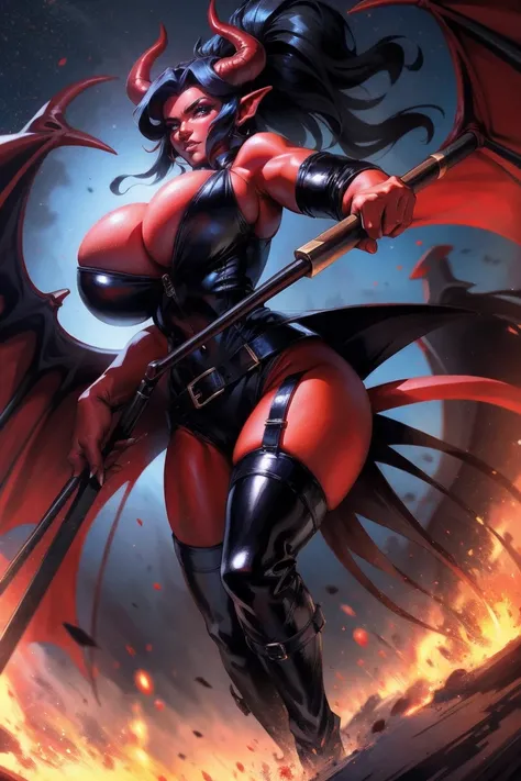 Red skin succubus tiefling, medium breasts, black horns, wings, huge tail, black leather, tall, toned, graceful, thin, long black ponytail. Action scene, shotgun. Dark scene, explosions, night sky.