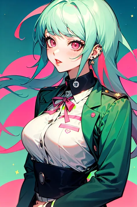 a girl from the danganronpa anime with long turquoise blue hair with green and pink streaks, pink eyes with stars,medium big tits, kibougamine academy uniform, piercings, thick red lips