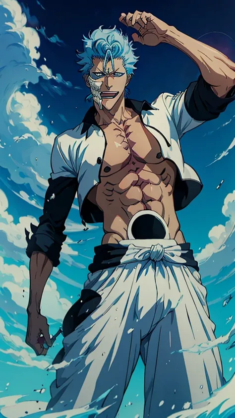 (masterpiece, best quality:1.2),1boy,solo, Grimmjow Jaegerjaquez, badass laughing pose,bleach, powerful aura,red aura,8k,64k, HD, unparalleled masterpiece, dynamic lighting, cinematic, epic, highest quality digital art, Stunning art, wallpaper 4k, official...