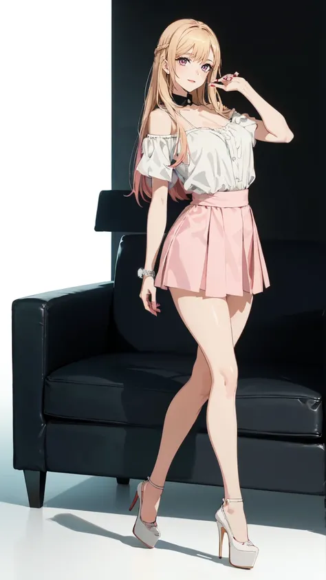 ((masterpiece, high resolution, better quality, better details)), ((Marin Kitagawa)), ((Smiling)), ((one girl)) a girl modeling standing, mini skirt, blouse, ((big neckline)), ((platform high heels)), pink eyes with black outline, (light blonde hair, strai...