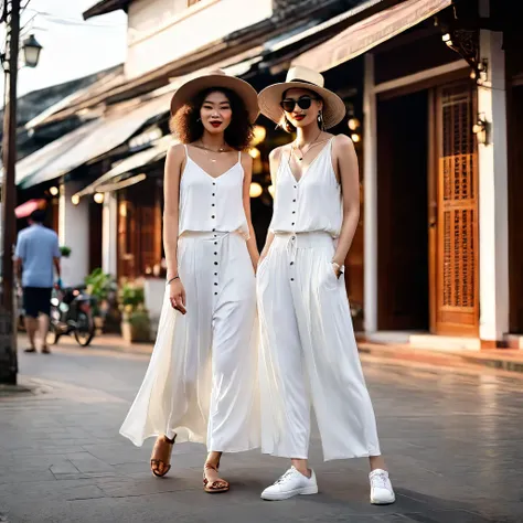 candid fashion photography of young man and woman, both aged 20 year old, ((showcase fashion look book in a white rayon outfits)...