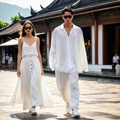 candid fashion photography of young man and woman, both aged 20 year old, ((showcase fashion look book in a white rayon outfits)...