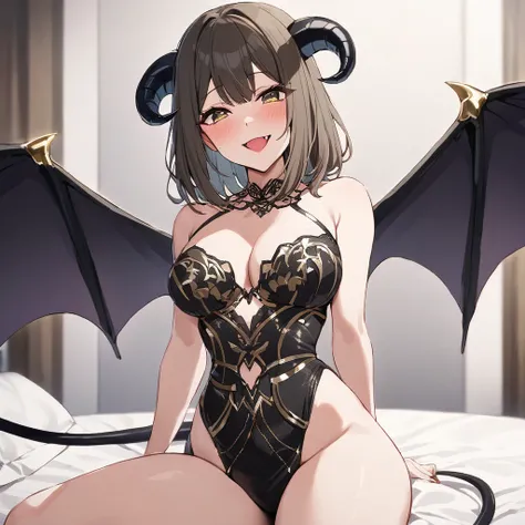 ((Highest quality)), ((masterpiece)), (detailed), （Perfect Face）、The woman is naked and wearing a black wedding dress decorated with gold, the sexy female demon, Devil Queen Akane Kurokawa.、The woman is a female demon with magnificent devil horns, jet blac...