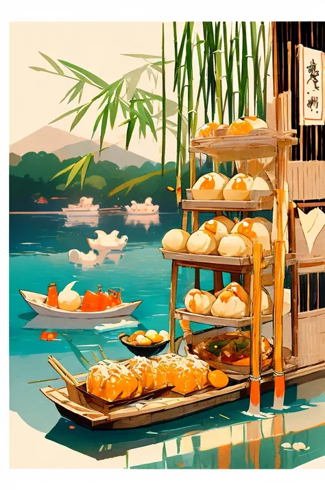 chinese food, pork buns, steamed balls of dough with pleats dotted with orange zest on top. serve in a bamboo steamer filled wit...