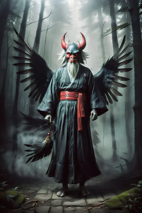 create a highly realistic and eerie depiction of the tengu, a popular and terrifying yokai from japanese folklore. the tengu sho...