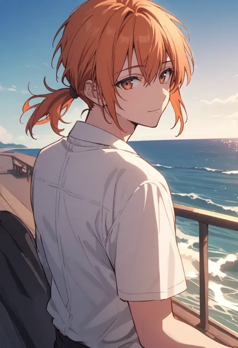 good looking, alone, 1 male, Medium Hair, Low Ponytail, Bright orange hair, Hazel Eyes, White shirt、Beautiful views、Ocean、friendly