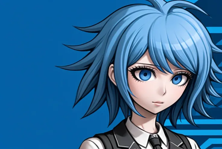 woman, blue, elegant design,content expressions, danganronpa style, thick lines, full-body portrait, detailed eyes, close-up,