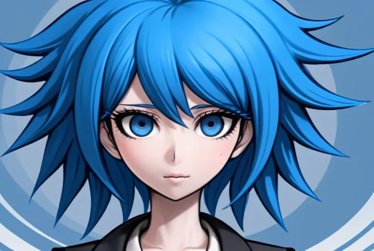 woman, blue, elegant design,content expressions, danganronpa style, thick lines, full-body portrait, detailed eyes, close-up,