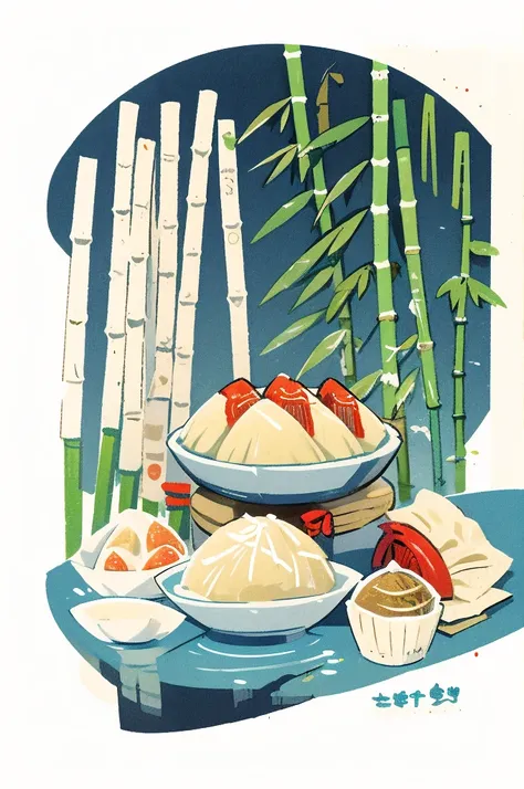 illustration: simple woodblock printing style ,  chinese food, pork dumplings, served in a bamboo steamer filled with plenty of ...