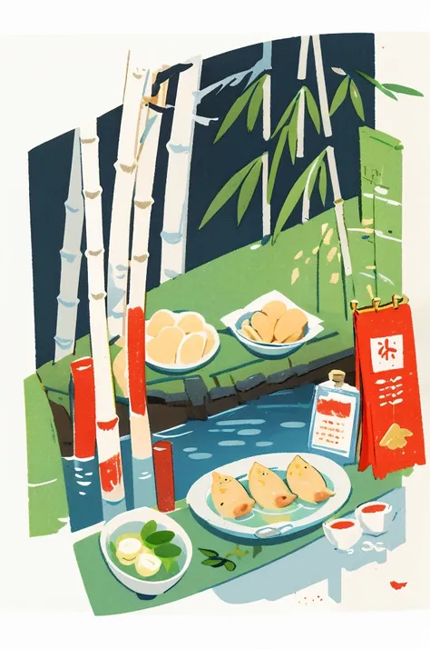 illustration: simple woodblock printing style ,  chinese food, pork dumplings, served in a bamboo steamer filled with plenty of ...