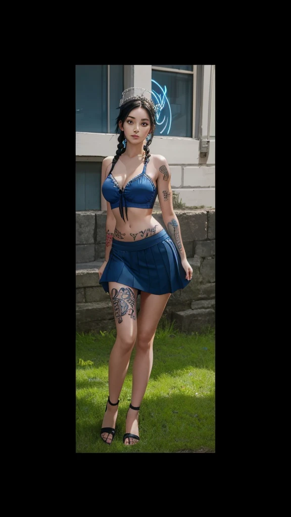 A beautiful girl full body, braided black hair, with blue bra, with blue skirt, with a tattoo on his leg and a halo over his head.