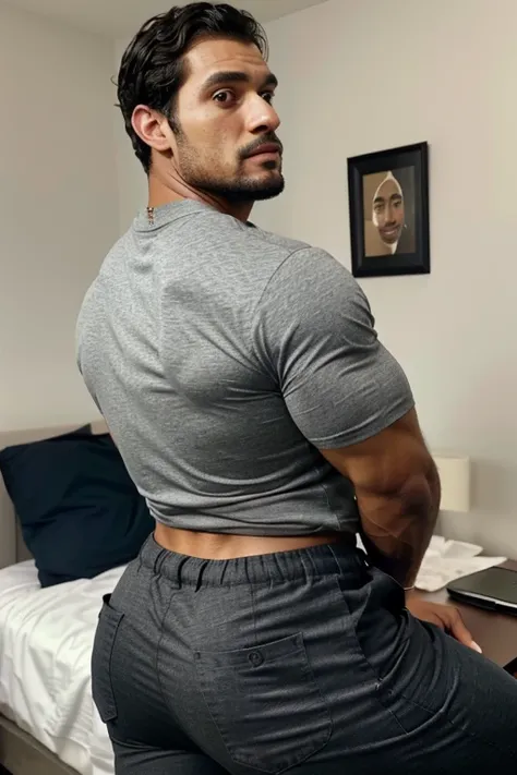 A Hispanic black man with a face that looks like Henry Cavill. black man, His body is muscular and he has a toothed beard..  Big Booty, in a moment of reflection. full body. Fajada shirt, semi formal clothing, grey pants, backside. 