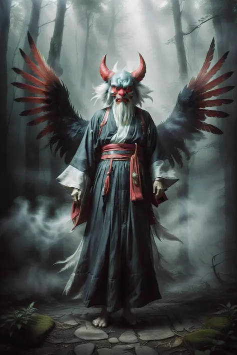 create a highly realistic and eerie depiction of the tengu, a popular and terrifying yokai from japanese folklore. the tengu sho...