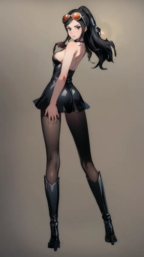 1girl, solo, boots, eyewear on head, black hair, dress, high heels, sunglasses, short dress, long hair, looking back, breasts, ponytail, nico robin, legs，medium_breasts，sideboob