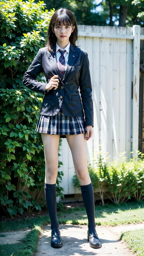 (8k、raw photos、highest quality、masterpiece:1.2)、(realistic、realistic)、1 girl、((black check mini skirt、high school uniform、blazer...