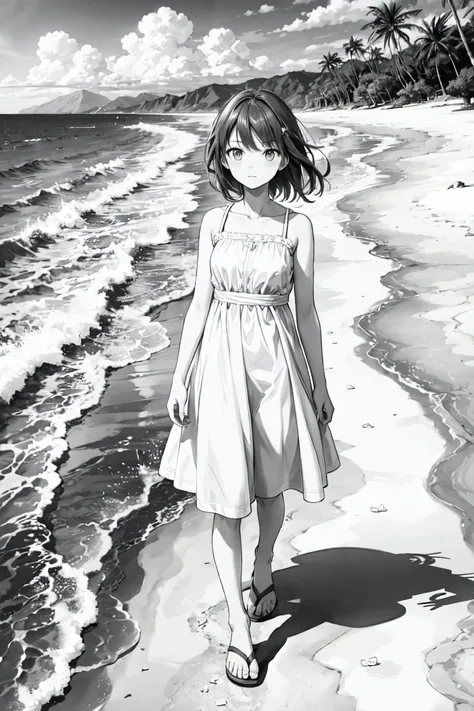 a white and dress, beach , monochrome