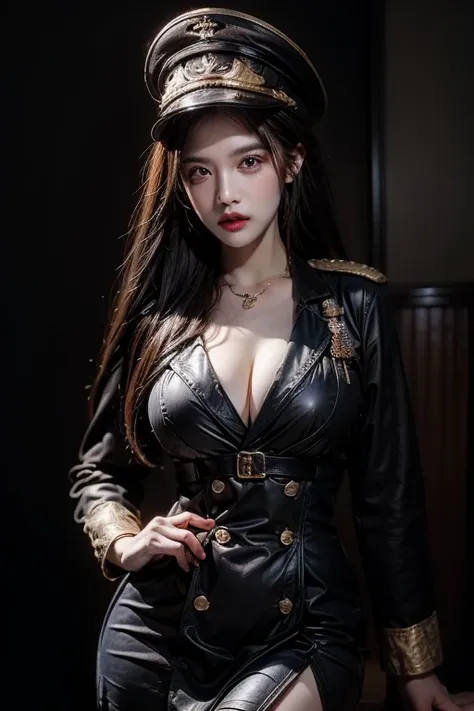 HDR, very detailed, Extra resolution, Masterpiece. 8k hd, a woman wearing a black gothic style military uniform, black military hat with gold details, iron cross symbol on the military hat, hips up, big breasts, 22 year old woman, beautiful face, Special f...