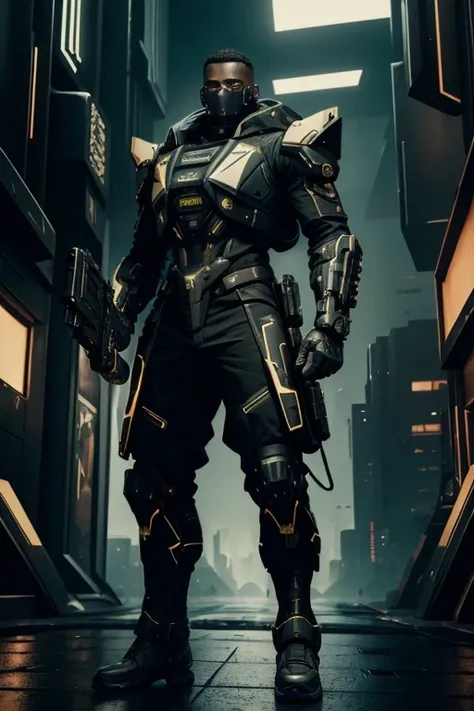 luxtech, cyberpunk, heavy military combat gear, ethnically black, black skin, holding a luxtech gun