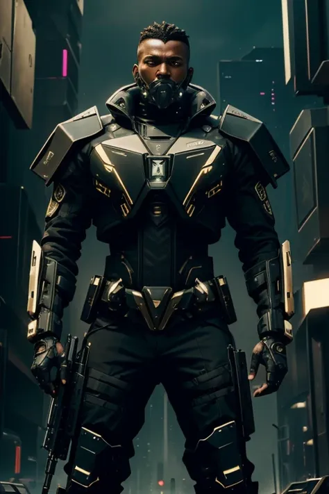 luxtech, cyberpunk, heavy military combat gear, ethnically black, black skin, holding a luxtech gun