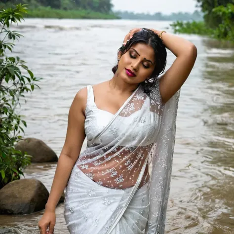 photo of a woman, wearing a white transparent saree outfit, flat matte background, navel, raw photo, 8k uhd, dslr, soft lighting...