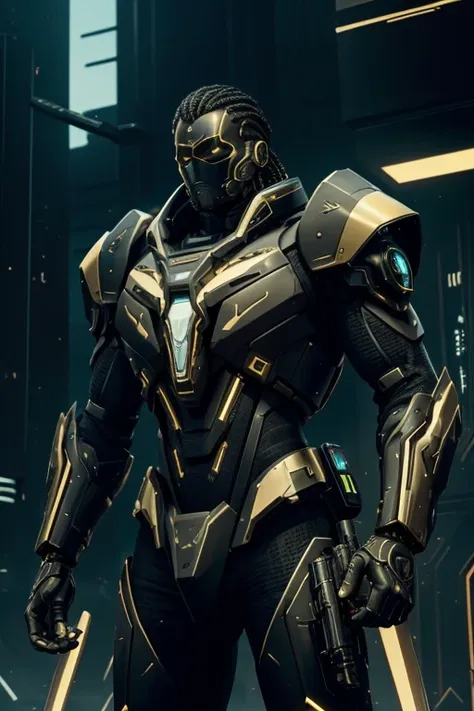 luxtech, cyberpunk, luxtech armor, ethnically black, black skin, holding a luxtech gun