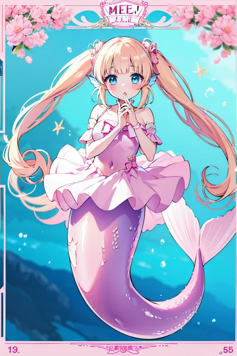 masterpiece, best quality,(perfect five fingers,The best ratio of four fingers and one thumb),A girl,blond,odango twintails,pink,Blue Eyes,(Exquisite eyes),Large Breasts,Hair accessories,Head fin,Mermaid,pink的Mermaid尾巴,Bangs,full-body shot,beach,拿着pink魔法棒