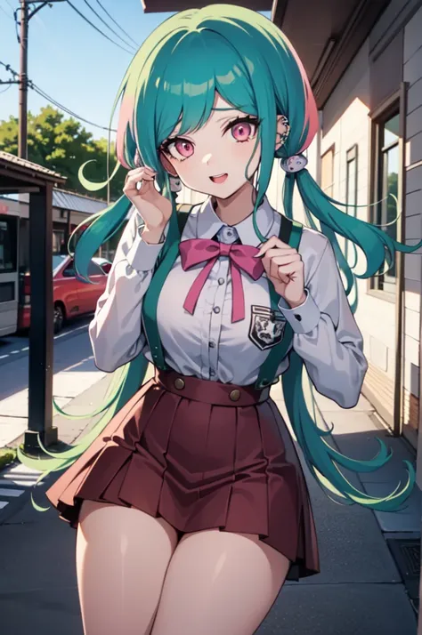 a girl from the danganronpa anime with long turquoise blue hair with green and pink streaks, pink eyes with stars,medium big tits, danganronpa academy uniform , piercings, thick red lips, shouting something very sad but excited