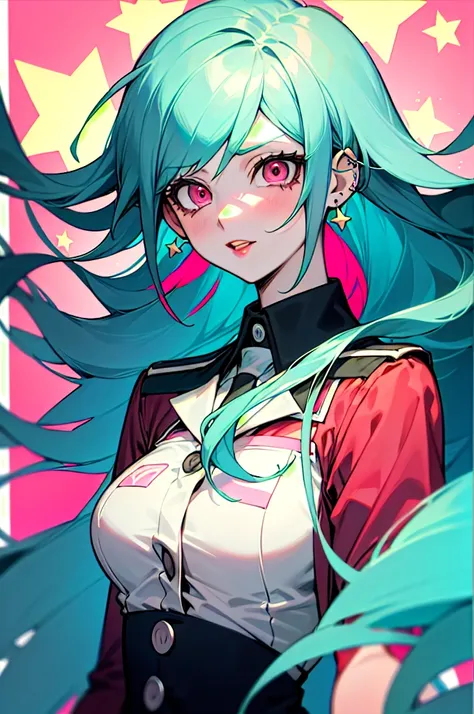 a girl from the danganronpa anime with long turquoise blue hair with green and pink streaks, pink eyes with stars,medium big tits, danganronpa academy uniform , piercings, thick red lips, shouting something very sad but excited