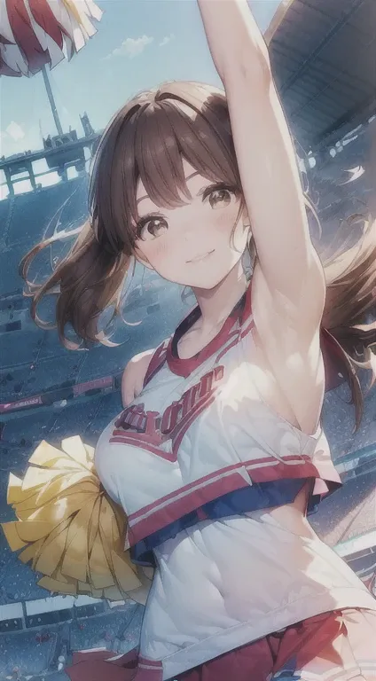 ((realistic lighting, highest quality, 8k, masterpiece: 1.3)), clear focus: 1.2, one girl, perfect figure: 1.4,(cheerleader:1.3)...