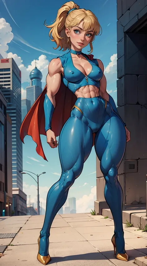 (Muscular:1.9), (thick thighs:1.8),
blonde female, (supergirl), (big smile:1.7), (blunt bangs), (ponytail:0.8),
earrings, lipstick, eyeshadow,
hard nipples, (small breasts:2),
(blue sleeveless fullbodysuit, cleavage, midriff:1.9), (small cape:1.3), (choker...