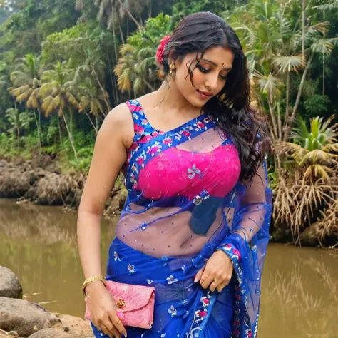 photo of a woman, wearing a blue sleevesless((sleevesless bengali saree)) transparent saree , pink blouse, massive boobs, tightl...