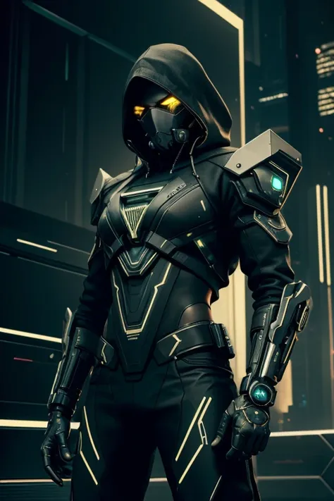 luxtech, cyberpunk, hacker, ethnically black, black skin, wearing luxtech combat gear, hacker gear