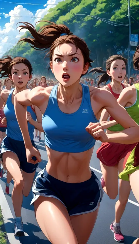 score 9, source anime, wide shot, multiple girls, Women marathoners running on the road while the roadside is packed with spectators, dynamic angle, perfect face, playful expression, low ponytail, sweat, outdoor, blue sky, shiny day, dramatic lighting, cin...