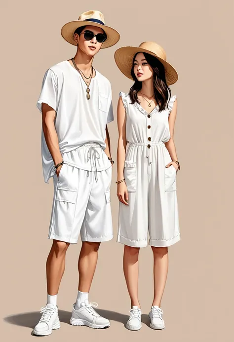 candid fashion illustration of young asian man and woman, both aged 20 year old, ((showcase fashion look book in a white rayon o...