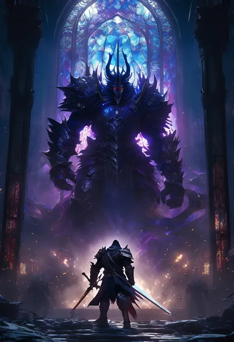 First-person perspective: armored knight wielding massive sword confronts grotesque monster in crumbling, shadowy temple. Dramatic chiaroscuro lighting emphasizes gleaming armor and beasts gnashing teeth. Cinematic composition with extreme close-ups and dy...