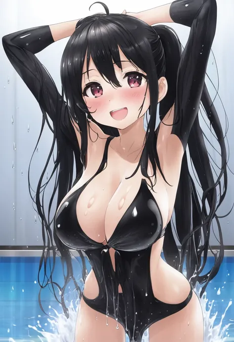 （high quality）,(details）,(nsfw）,
(a girl),(arms up),(black long wet hair),
((soaking),(sweaty),(good posture),
((blushing)),((shy)),(big boobs),(giggling)