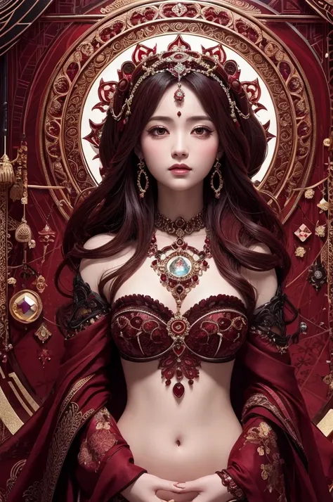 A goddess with a deep crimson base、Wearing Garnet、Official Art, Unity 8k Ultra Detailed, beautiful and aesthetic, high quality, beautiful, masterpiece, 最high quality, (zenTangle, Mandala, Tangle, enTangle:0.6),