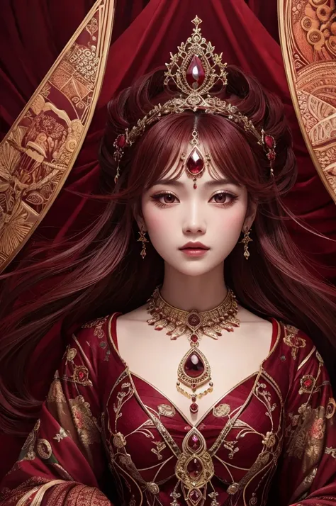 A goddess with a deep crimson base、Wearing Garnet、Official Art, Unity 8k Ultra Detailed, beautiful and aesthetic, high quality, beautiful, masterpiece, 最high quality, (zenTangle, Mandala, Tangle, enTangle:0.6),