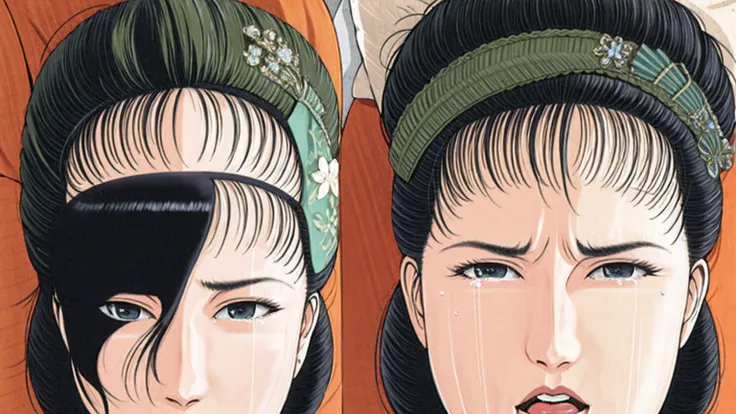 (best quality), (very aesthetic), (ultra-detailed), (best illustration),(a mature female),(perfect face),Suikoden,Mrs. Lin,(((NSFW))),((full_body)),((full_Nude)),(crying),red cheek,sweating,skinny,flushed skin,(Woman with pubic hair),(Lying face down on th...