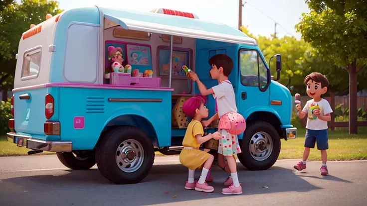 a girl drops her ice cream, and a boy offers her a bite of his in a cheerful ice cream truck with various flavors on display